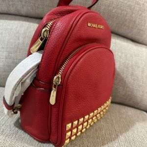 New with Defect Michael Kors Abbey XS Studded Mini Soft Leather Backpack Bag Red